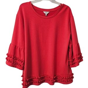 Crown and Ivy XL Pullover Top Coral Tassel Ball Fringe Trimmed, 3/4 Sleeves